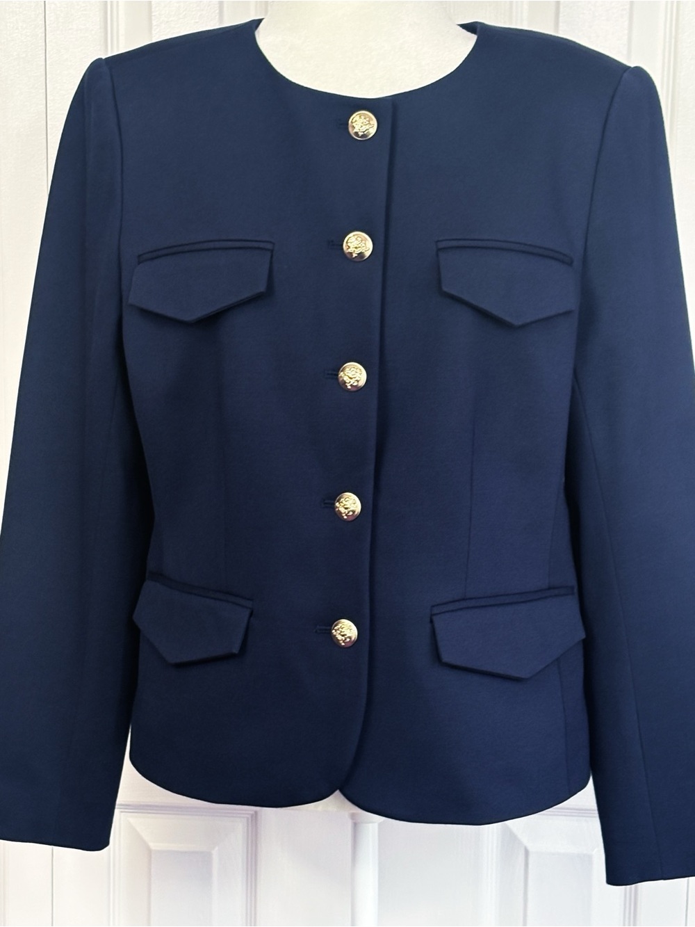 Ann Taylor Navy Blue Ponte Knit Embellished Button Down Blazer Jacket 12